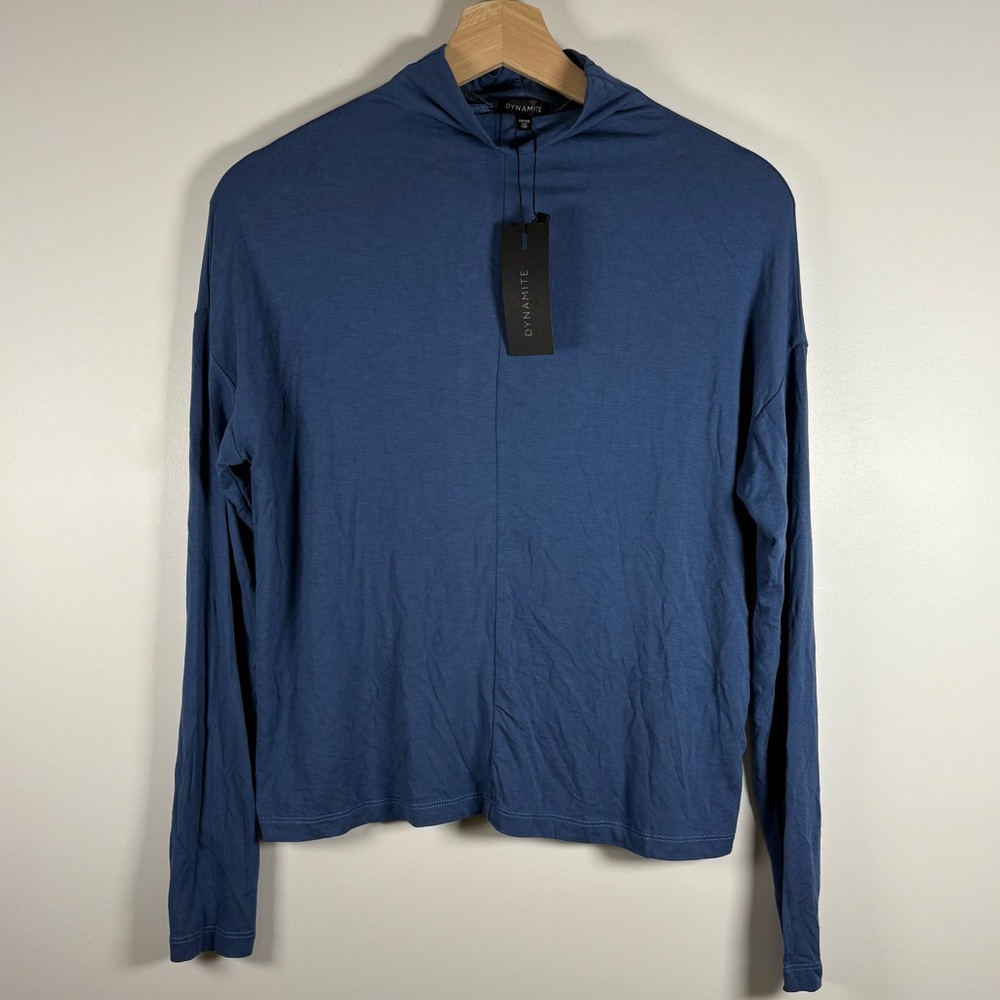 NWT Dynamite Women’s Steel Blue Mock Neck Long Sleeve Shirt, Size XS, Casual